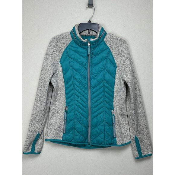 Xersion Women’s S Teal & Gray Full Zip Jacket with Hide Away Hood Quilted - Picture 1 of 12